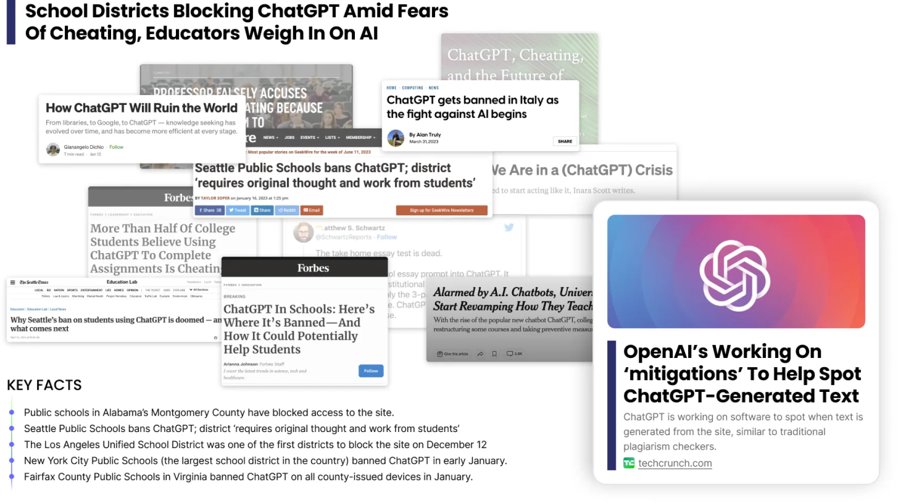 News coverage of school districts blocking ChatGPT amid fears of cheating, and OpenAI's work on mitigations