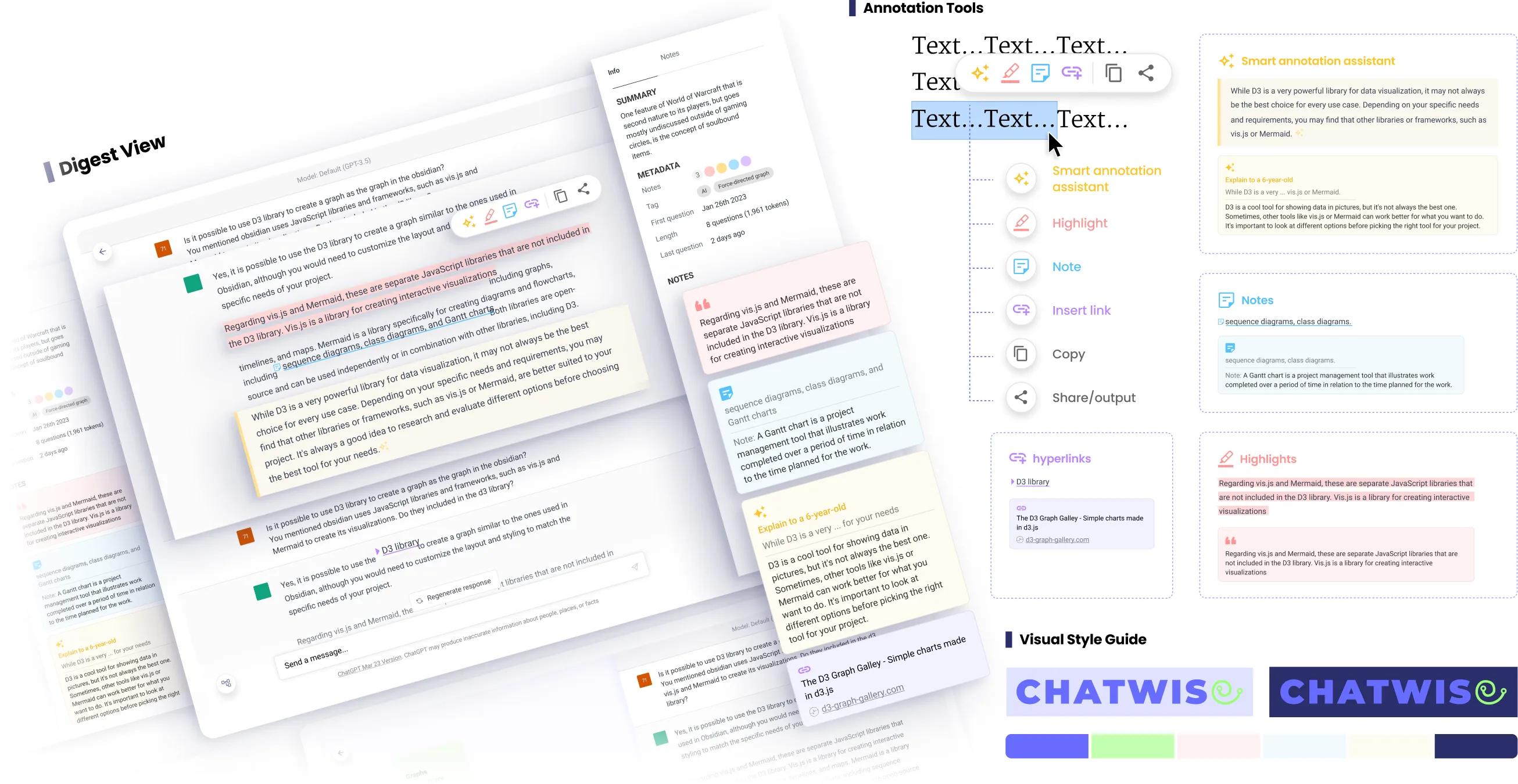 Digest view — annotation tools alongside the conversation, and the ChatWise visual style guide