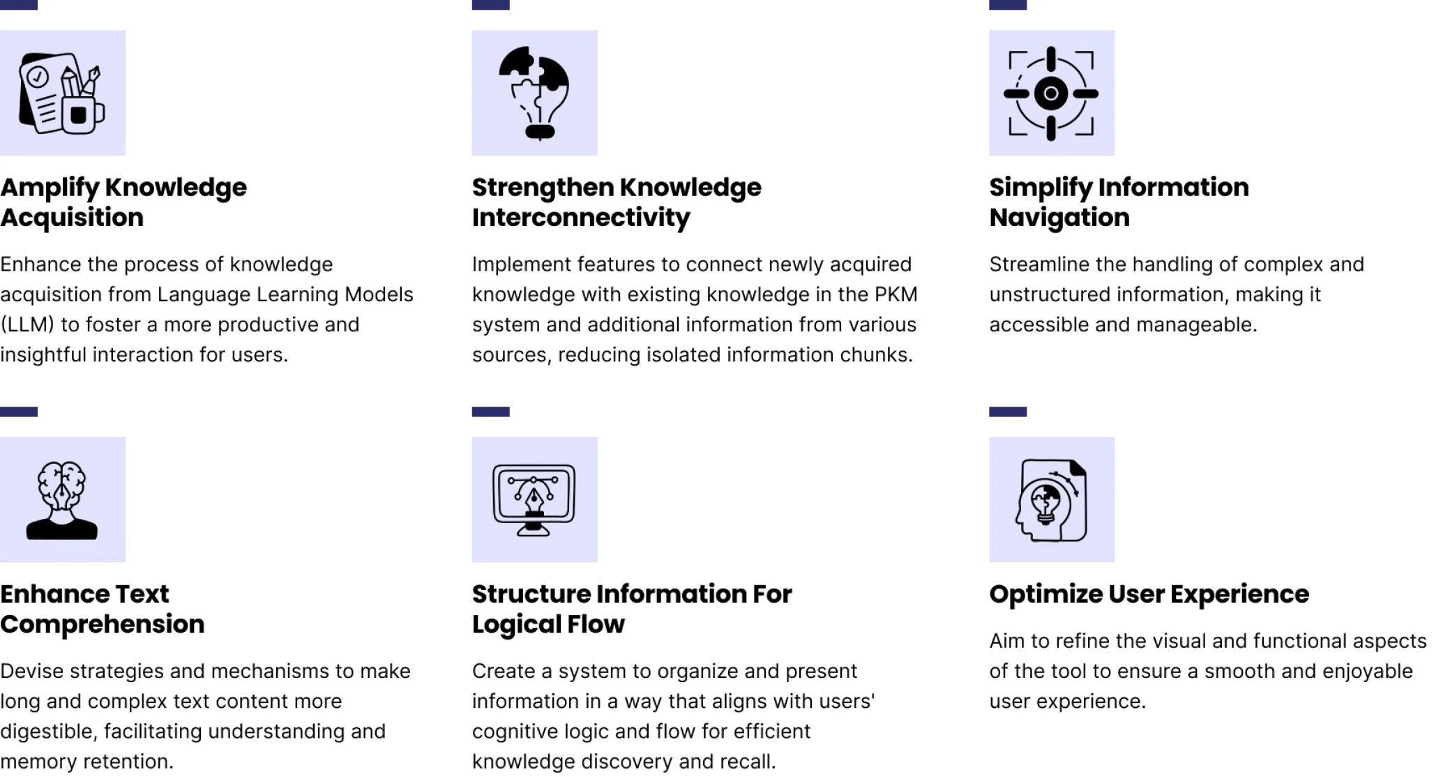 Six design objectives, from amplifying knowledge acquisition to optimizing user experience