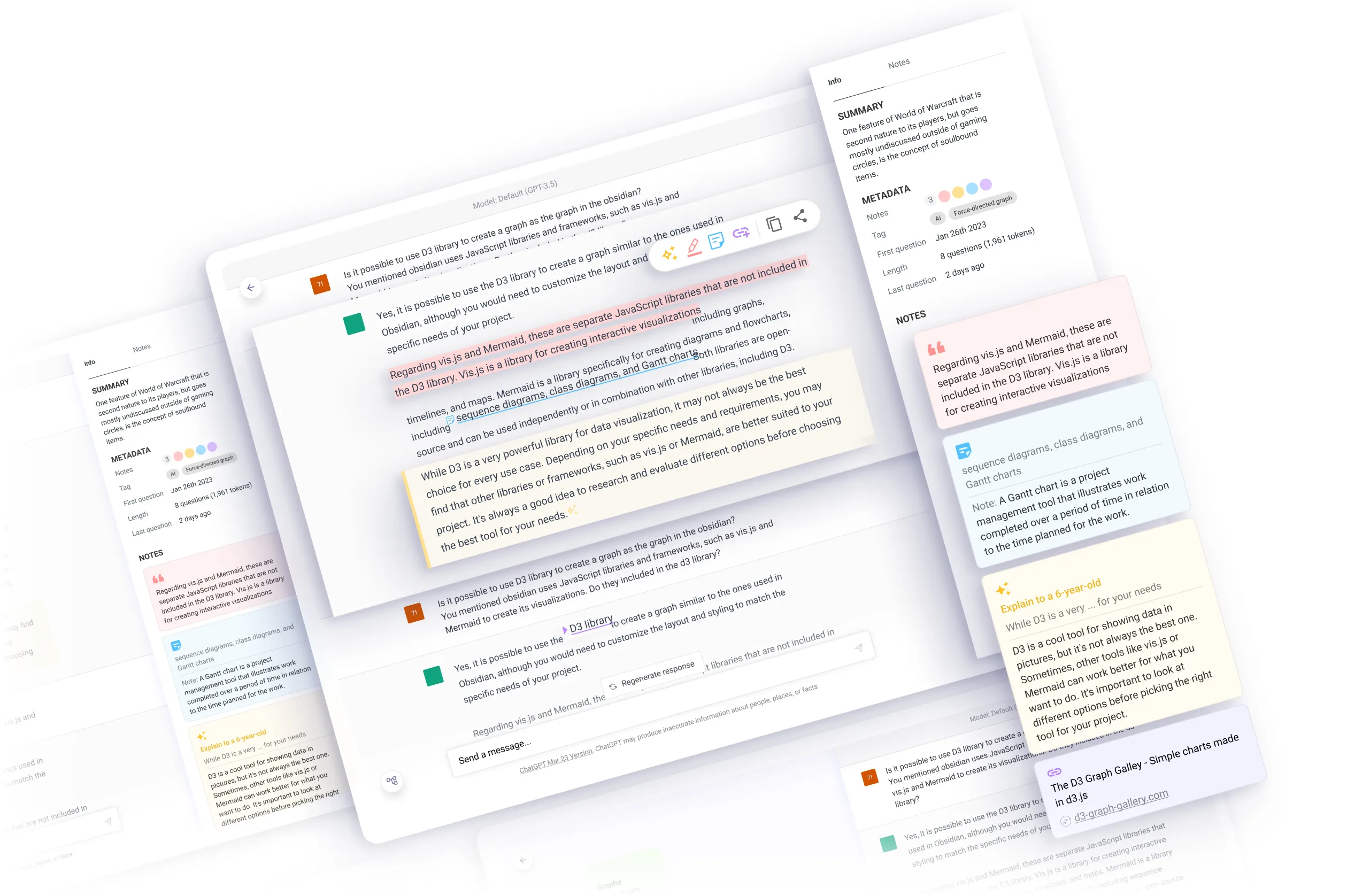 Fanned-out screens of the ChatWise interface — an annotated conversation flanked by summary, metadata and note panels