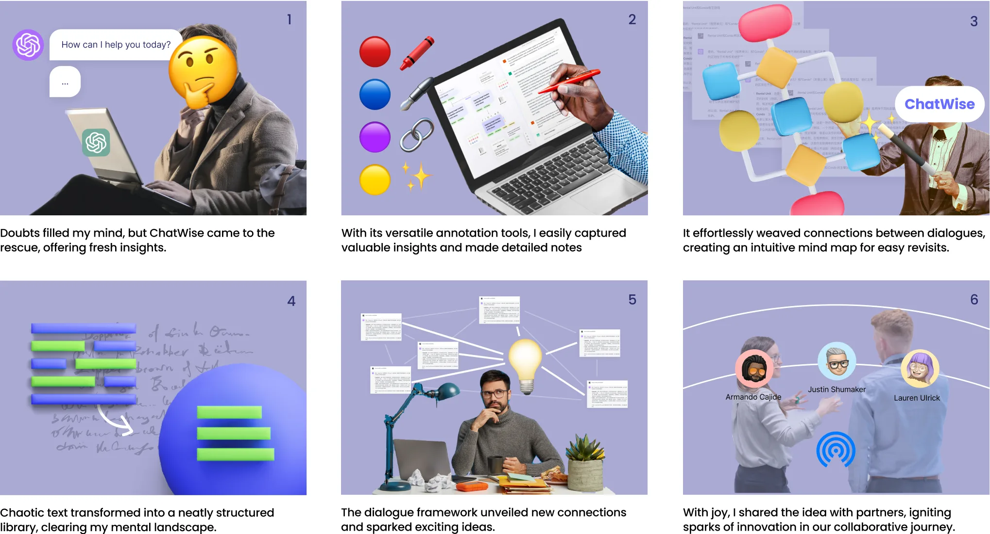 Six-panel storyboard: doubts, capturing insights, weaving connections, structuring a library, new connections, and sharing with partners