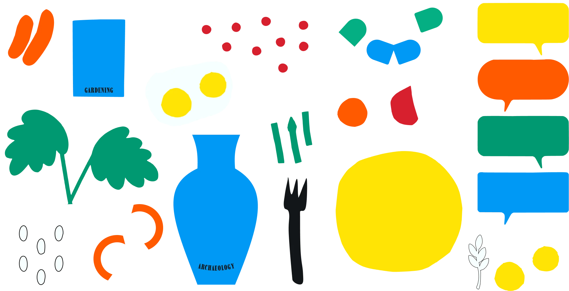 Collage of imagery extracted from each discipline — gardening, archaeology, cooking and more