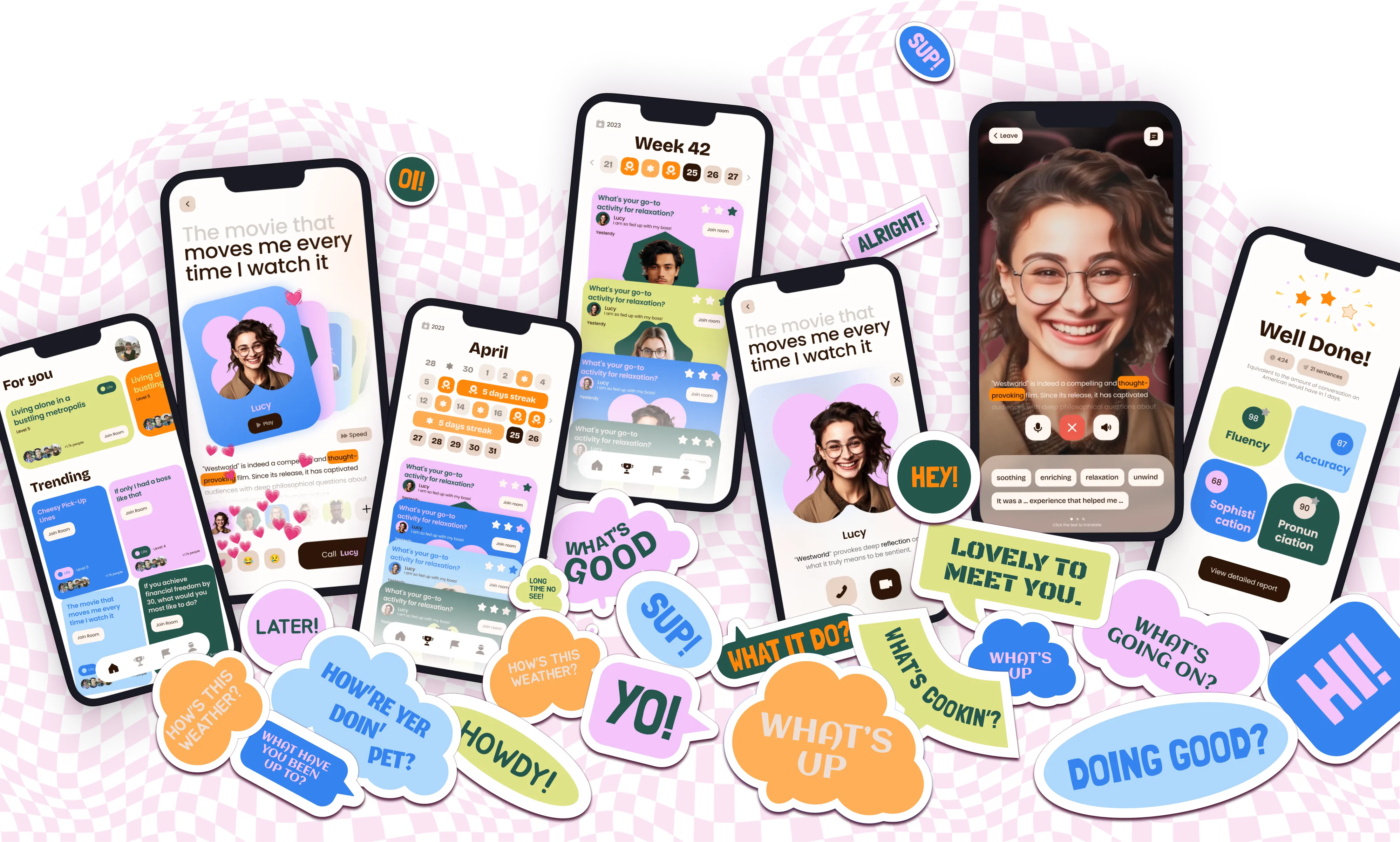 Final design — EchoLingua app screens fanned out with greeting stickers