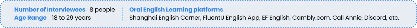 Interviews: 8 people, 18 to 29 years old, users of oral English learning platforms like Cambly, FluentU and Call Annie