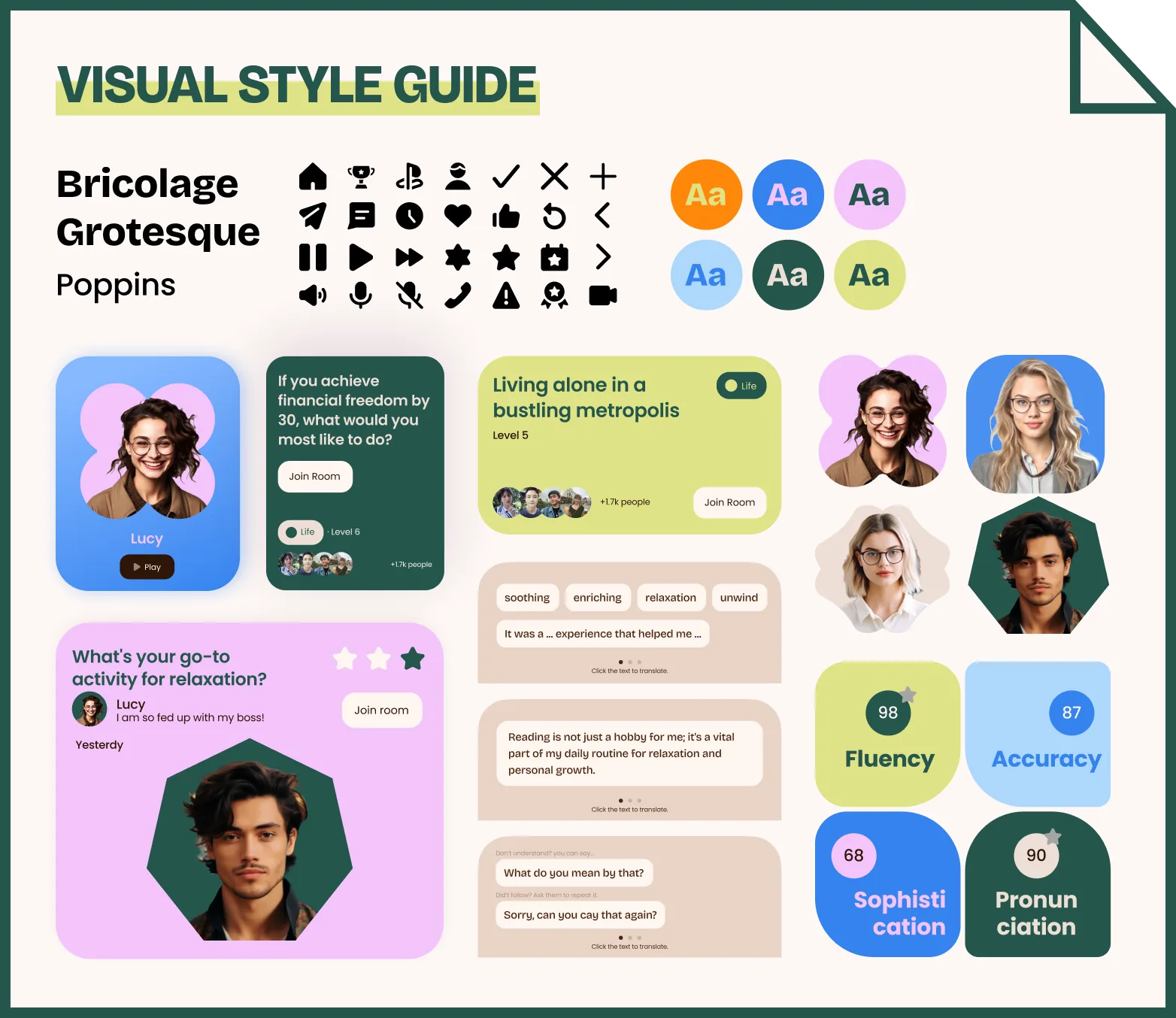 Visual design language: colors, type and sticker illustrations