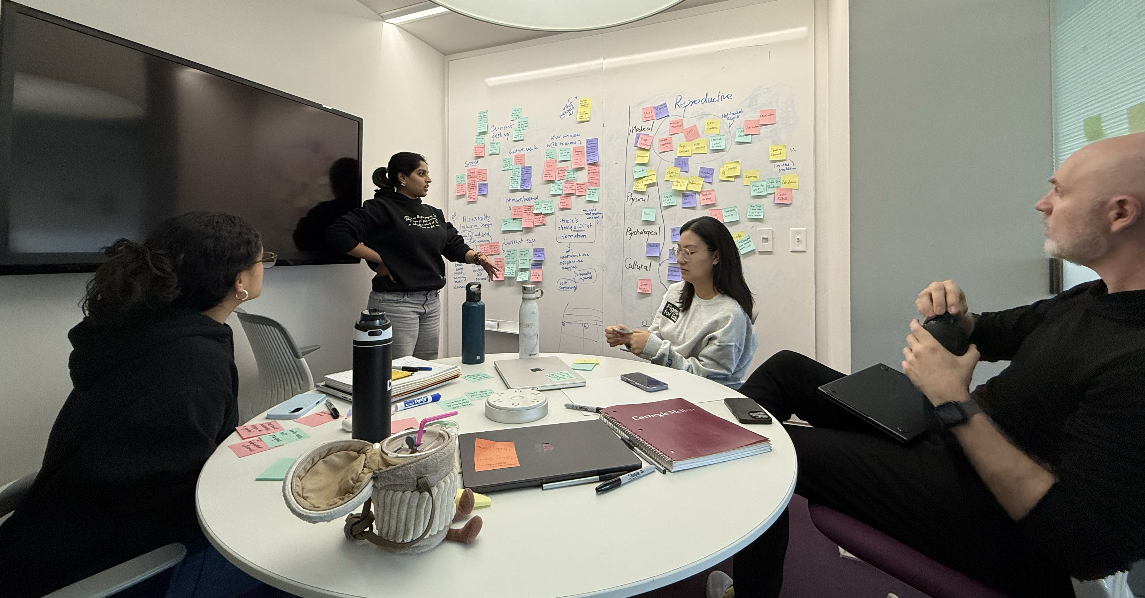 Team conducting affinity diagraming on whiteboard